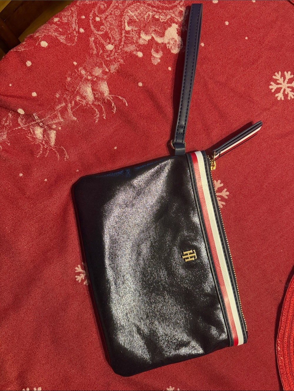 Tommy Hilfiger Navy Patent Leather Wristlet with Tricolor Stripe